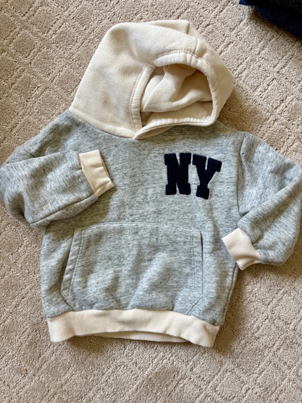 Zara Kids Hooded Sweatshirt in Gray, Cream with Navy NY Applique